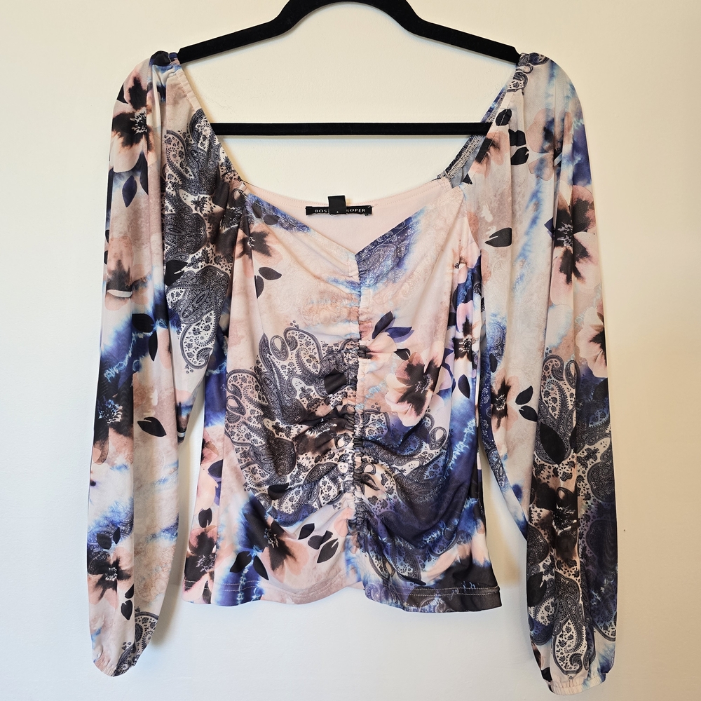 Boston Proper Pink and Blue Floral Ruched Long-Sleeve Top